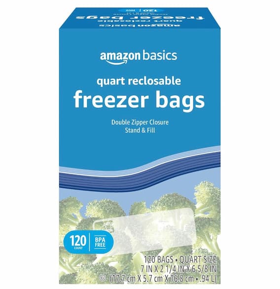 Amazon Basics Reclosable Freezer Quart Bags, Stand & Fill Base, 120 Count